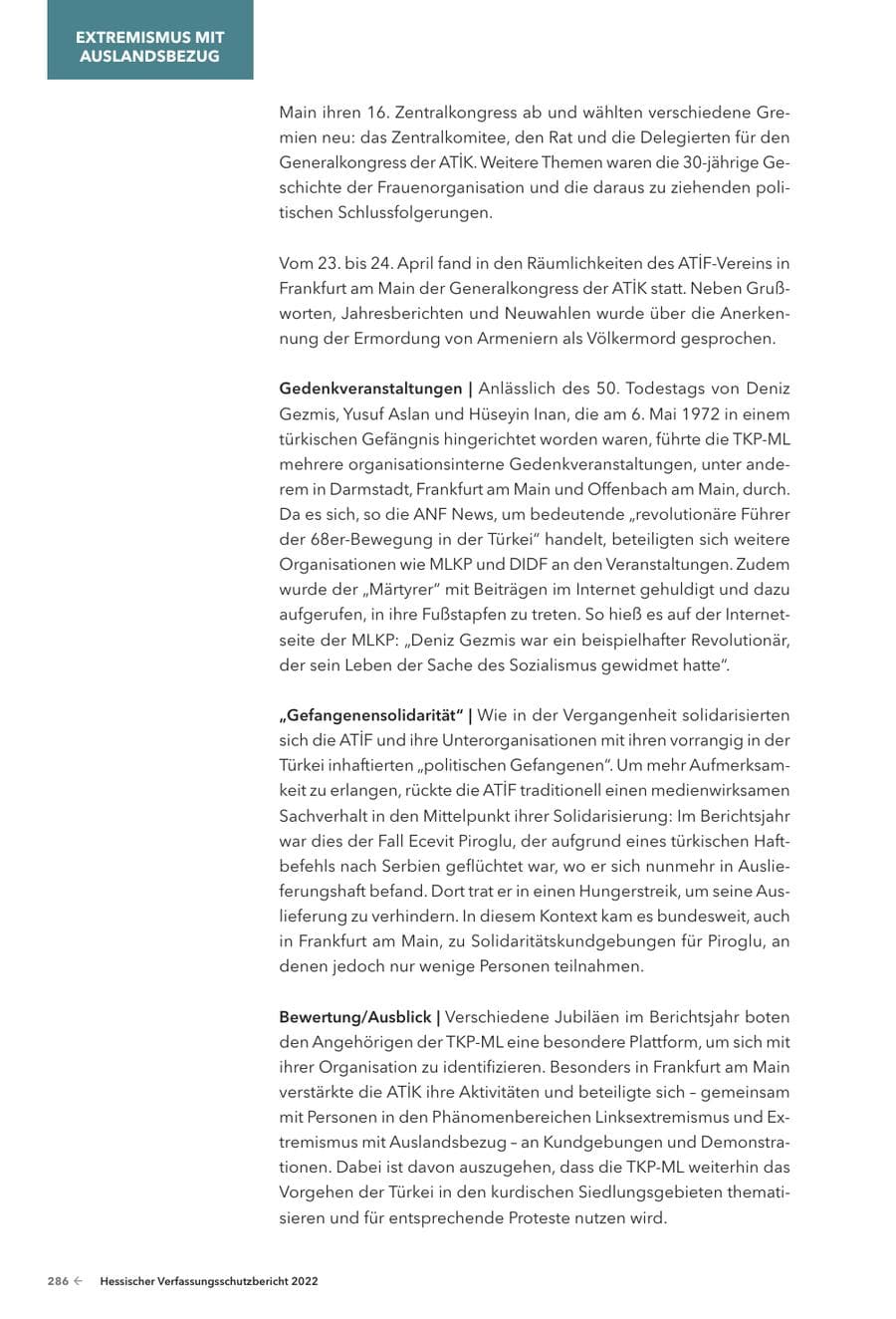 Seite 288 des Verfassungsschutzbericht 2022 Hessen