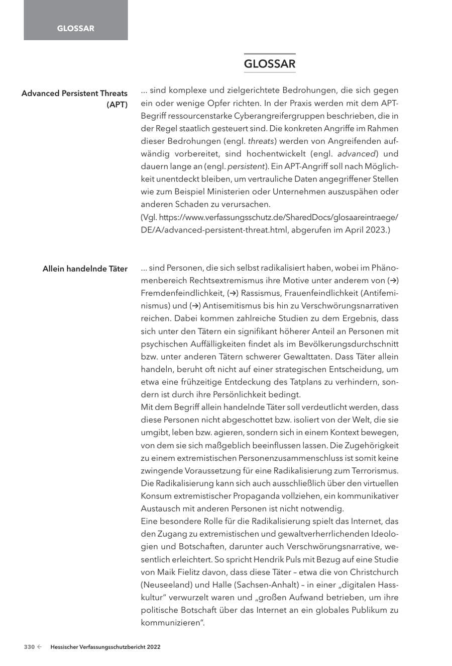 Seite 332 des Verfassungsschutzbericht 2022 Hessen
