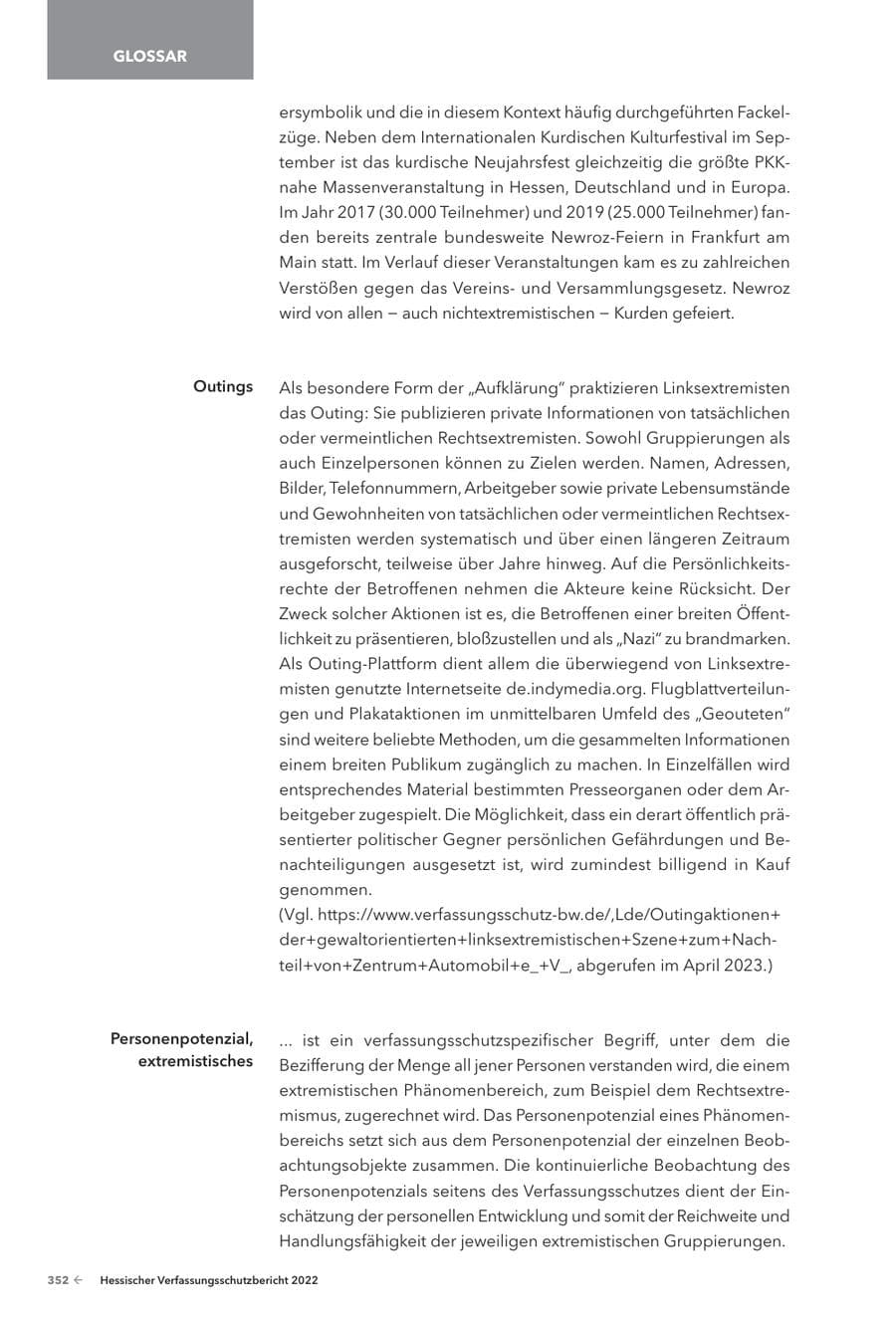 Seite 354 des Verfassungsschutzbericht 2022 Hessen