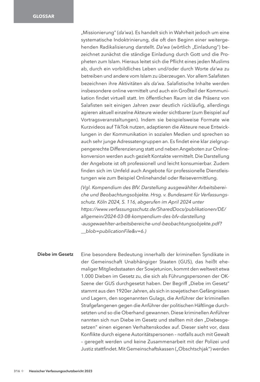 Seite 318 des Verfassungsschutzbericht 2023 Hessen