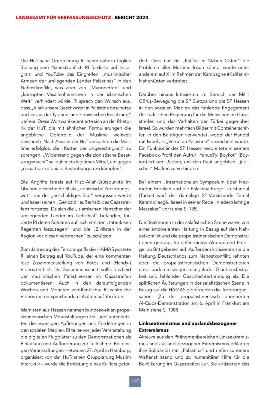 Seite 160 des Verfassungsschutzbericht 2024 Hessen
