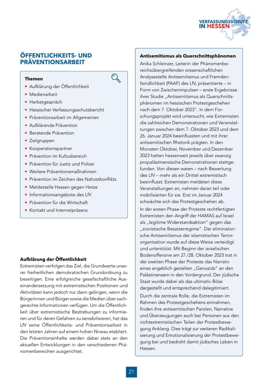 Seite 21 des Verfassungsschutzbericht 2024 Hessen
