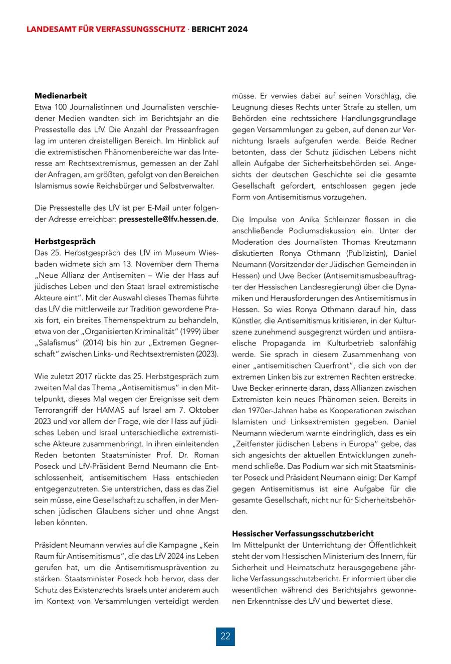 Seite 22 des Verfassungsschutzbericht 2024 Hessen