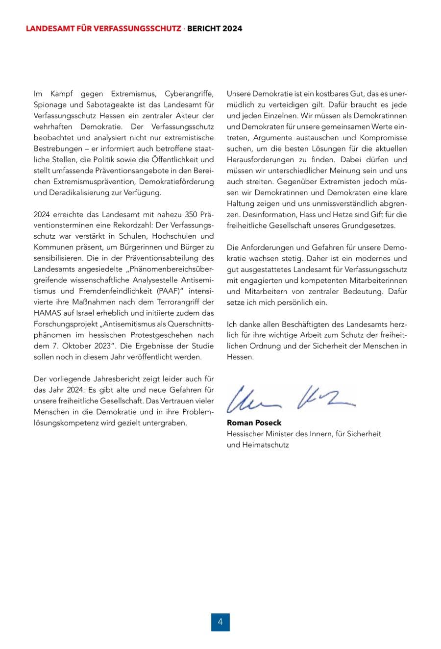 Seite 4 des Verfassungsschutzbericht 2024 Hessen