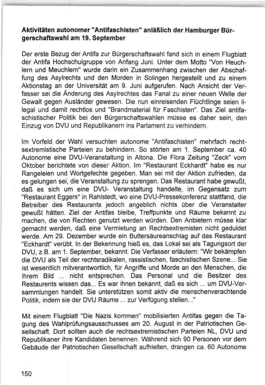 Seite 150 des Verfassungsschutzbericht 1993 Hamburg