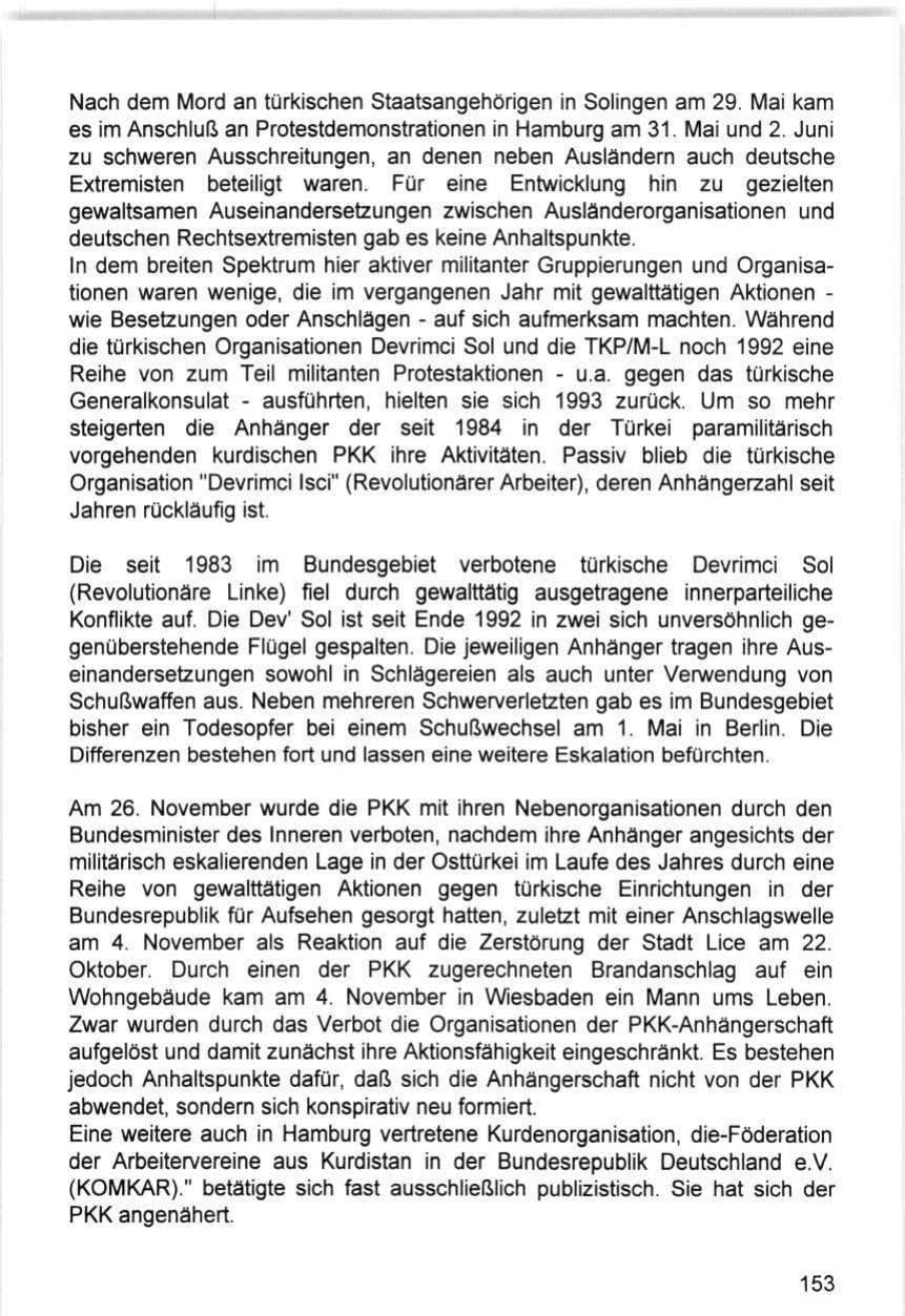Seite 153 des Verfassungsschutzbericht 1993 Hamburg