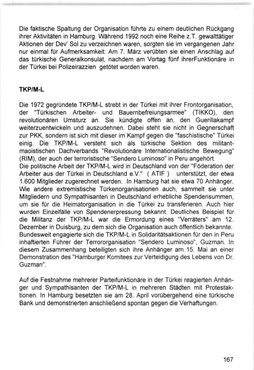 Seite 167 des Verfassungsschutzbericht 1993 Hamburg