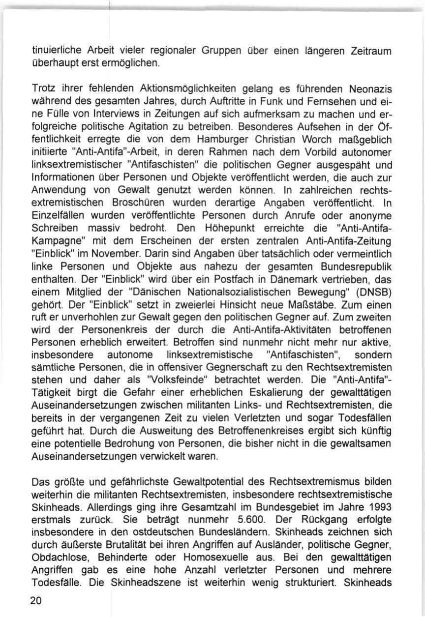 Seite 20 des Verfassungsschutzbericht 1993 Hamburg