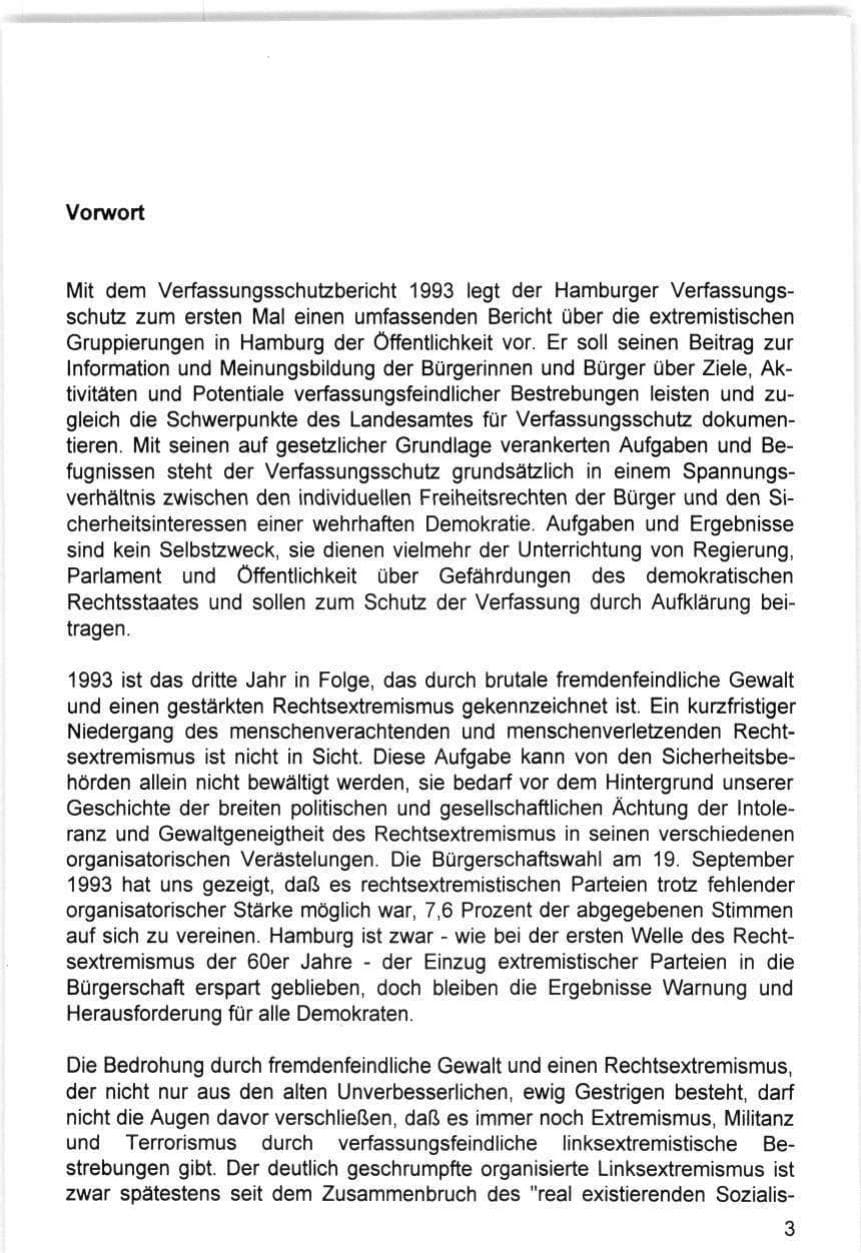 Seite 3 des Verfassungsschutzbericht 1993 Hamburg