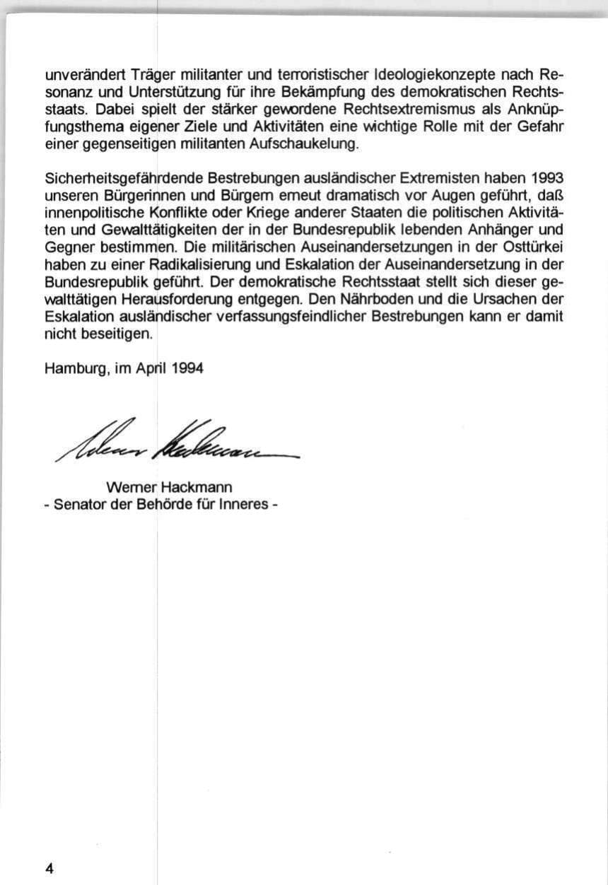 Seite 4 des Verfassungsschutzbericht 1993 Hamburg