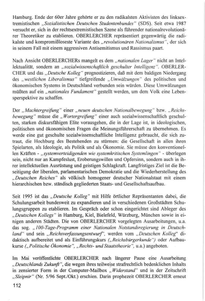 Seite 112 des Verfassungsschutzbericht 1996 Hamburg