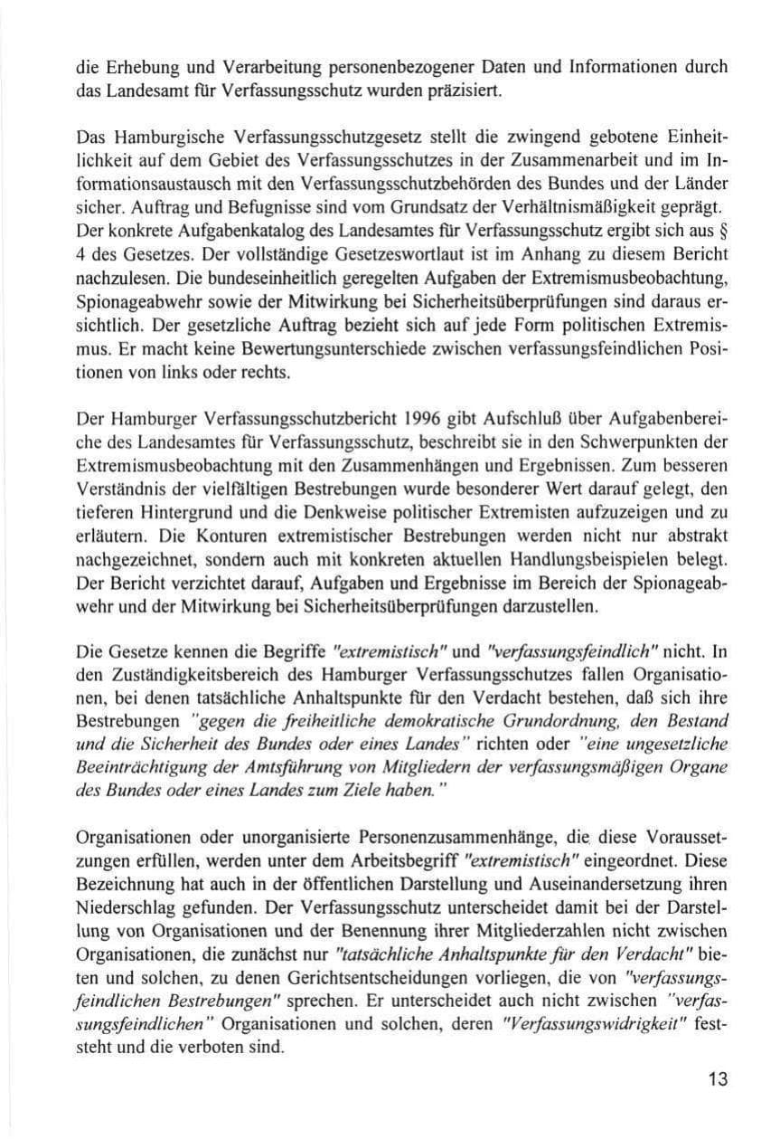 Seite 13 des Verfassungsschutzbericht 1996 Hamburg