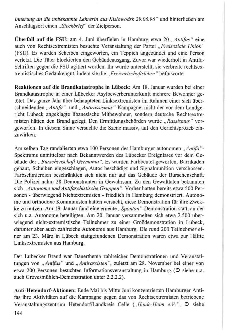 Seite 144 des Verfassungsschutzbericht 1996 Hamburg