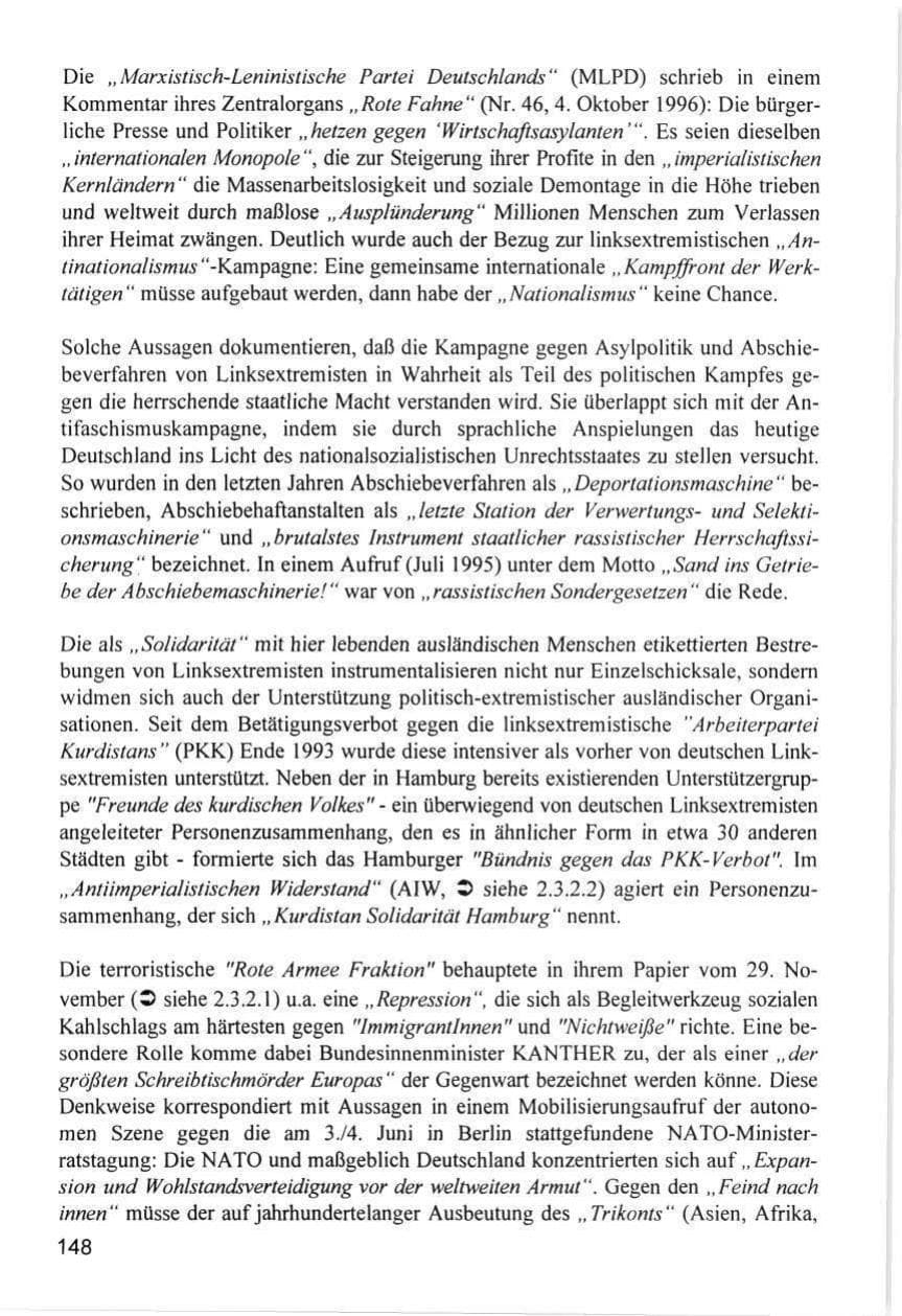 Seite 148 des Verfassungsschutzbericht 1996 Hamburg