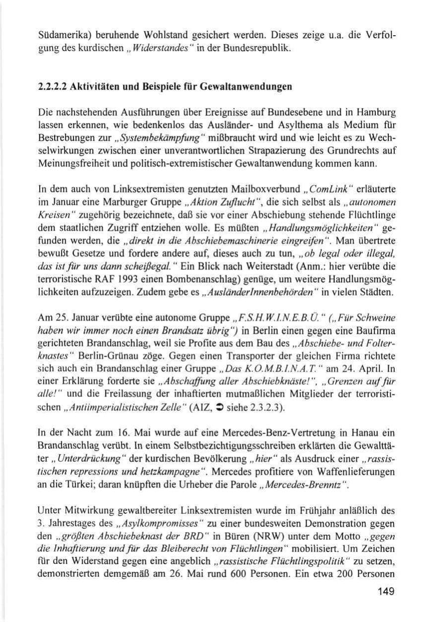 Seite 149 des Verfassungsschutzbericht 1996 Hamburg