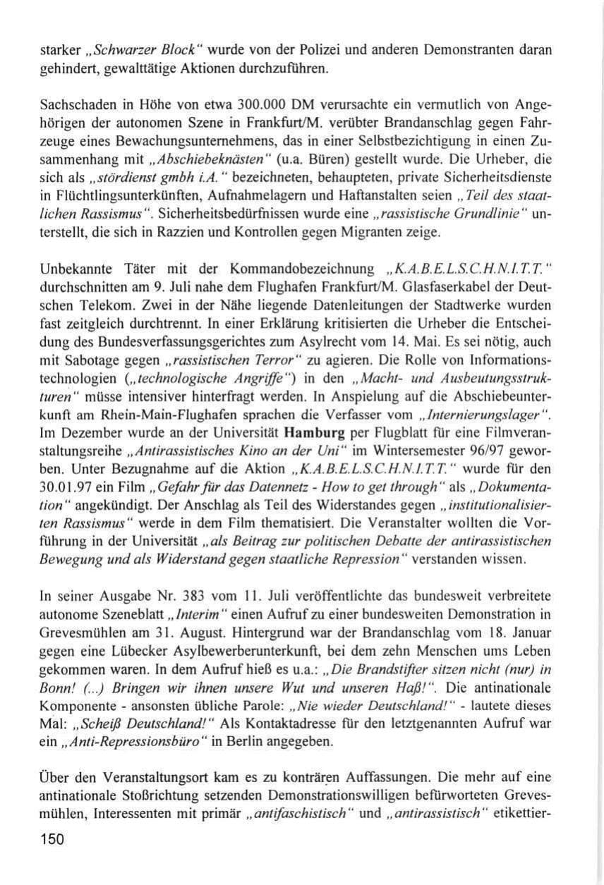 Seite 150 des Verfassungsschutzbericht 1996 Hamburg