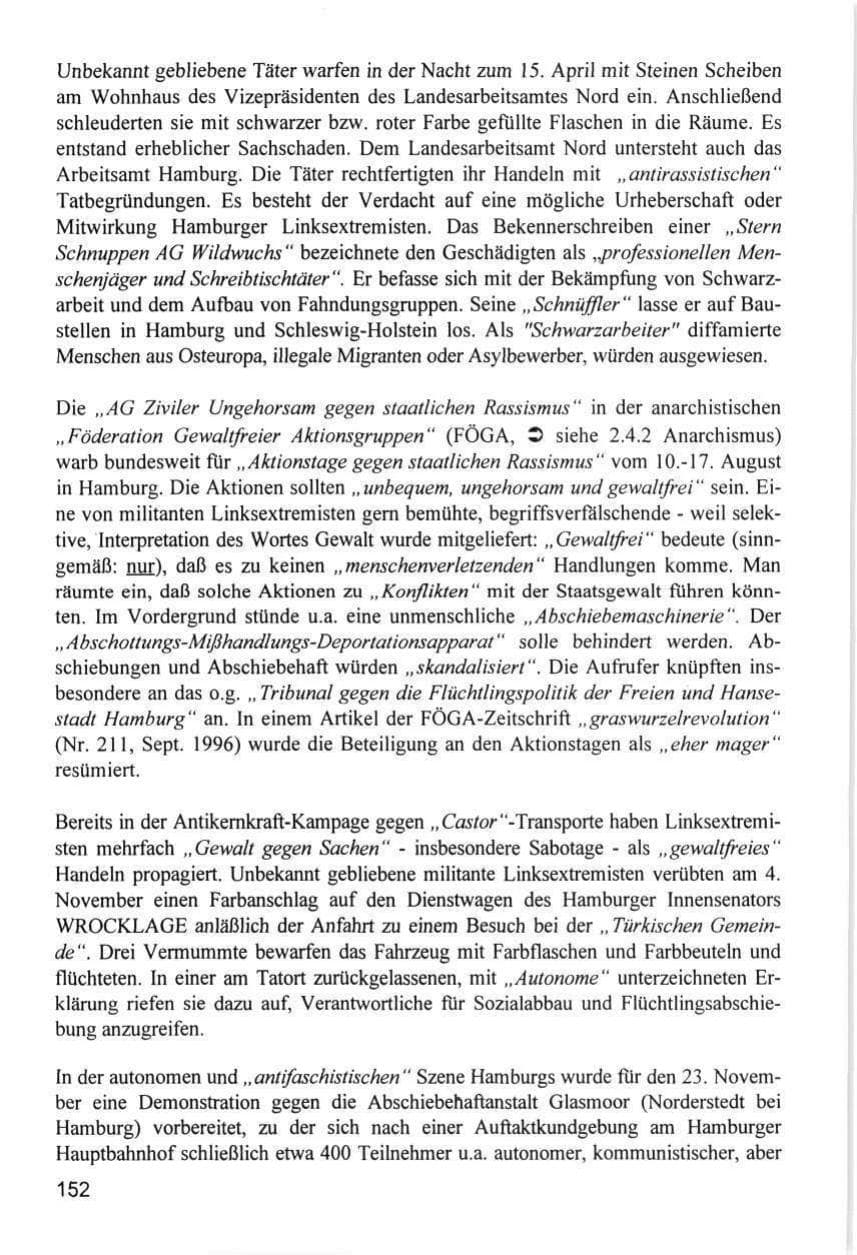Seite 152 des Verfassungsschutzbericht 1996 Hamburg