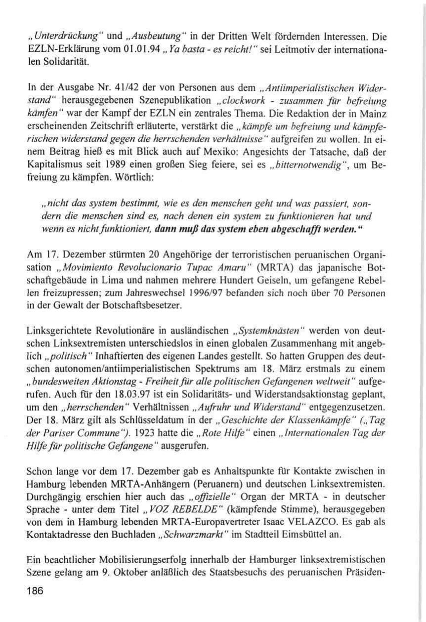 Seite 186 des Verfassungsschutzbericht 1996 Hamburg