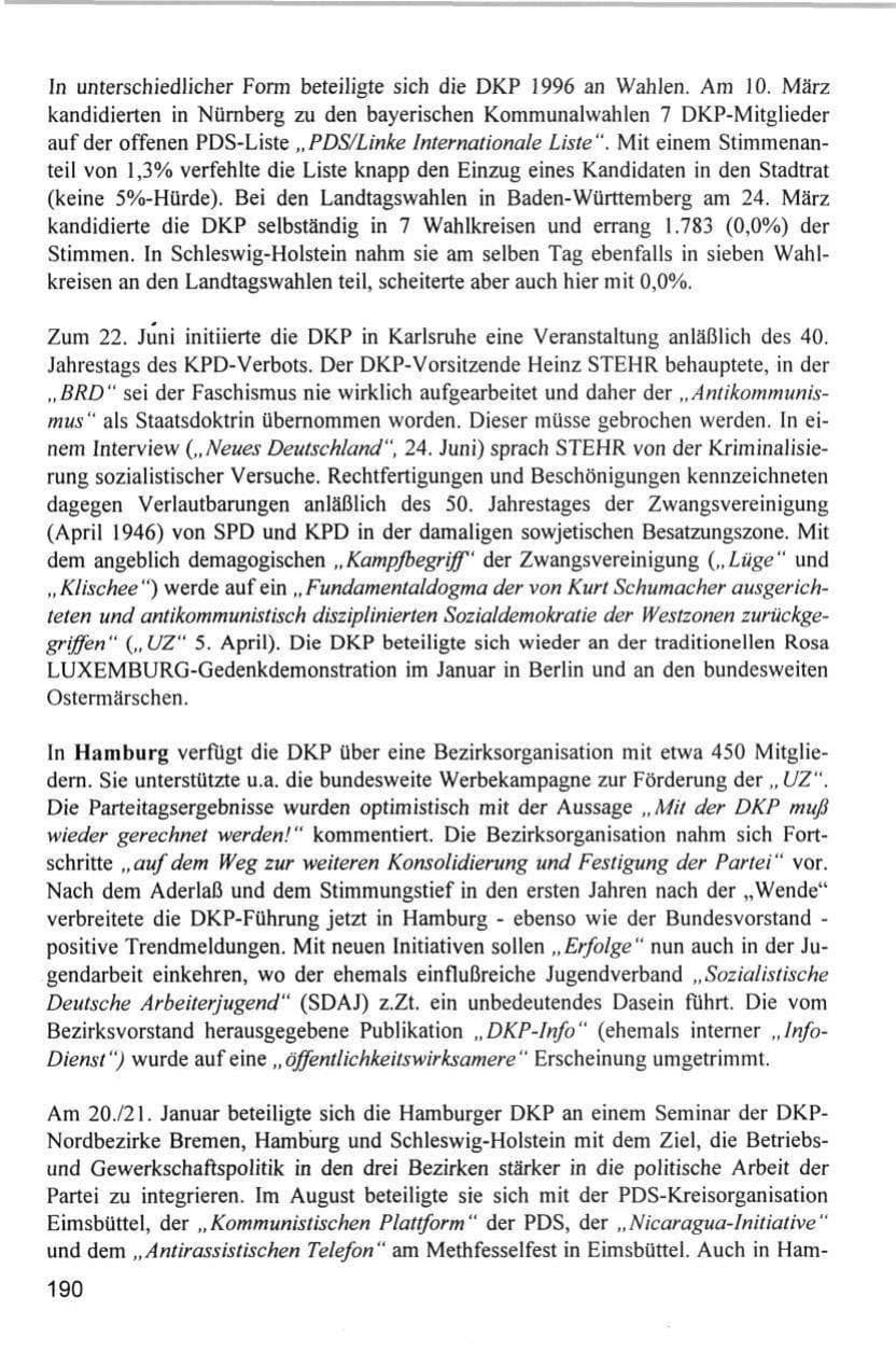 Seite 190 des Verfassungsschutzbericht 1996 Hamburg
