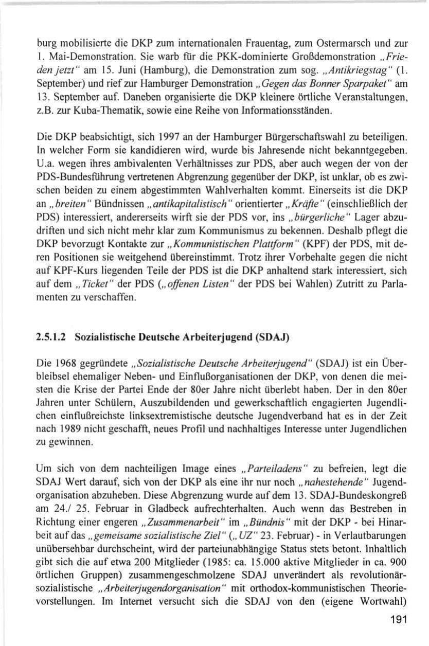 Seite 191 des Verfassungsschutzbericht 1996 Hamburg