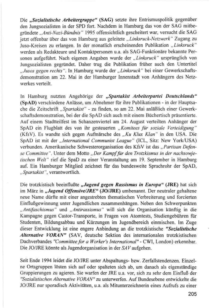 Seite 205 des Verfassungsschutzbericht 1996 Hamburg