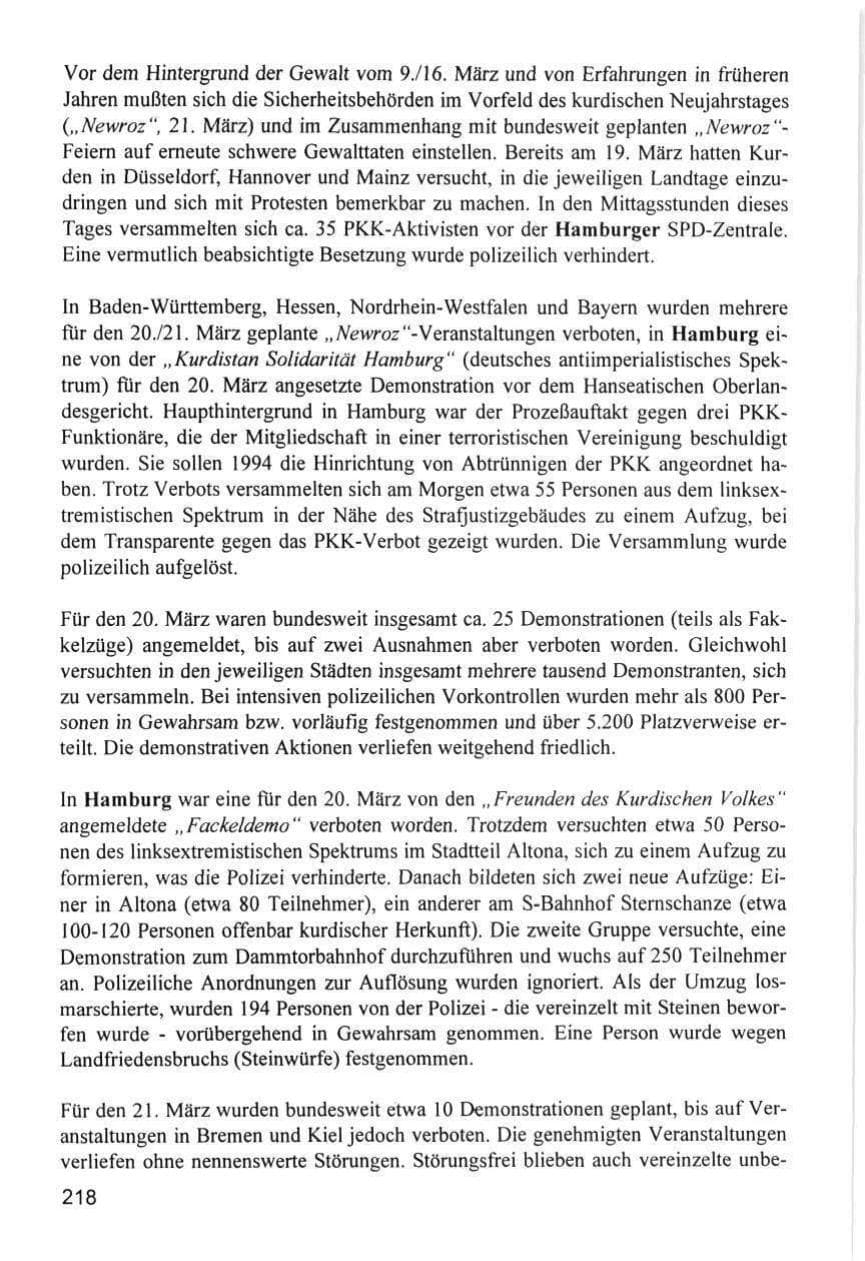 Seite 218 des Verfassungsschutzbericht 1996 Hamburg