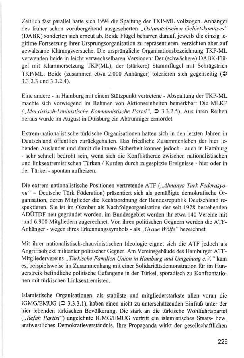 Seite 229 des Verfassungsschutzbericht 1996 Hamburg
