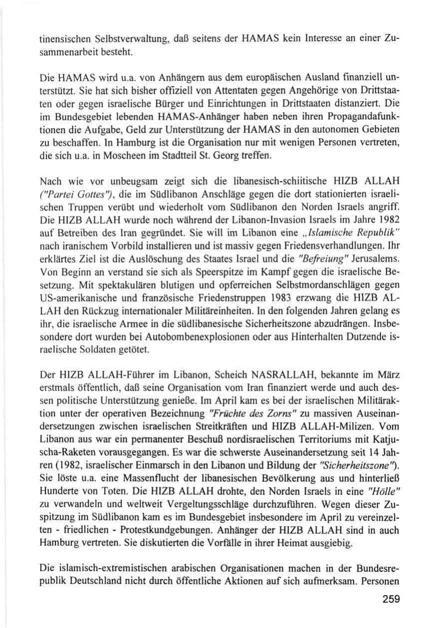 Seite 259 des Verfassungsschutzbericht 1996 Hamburg