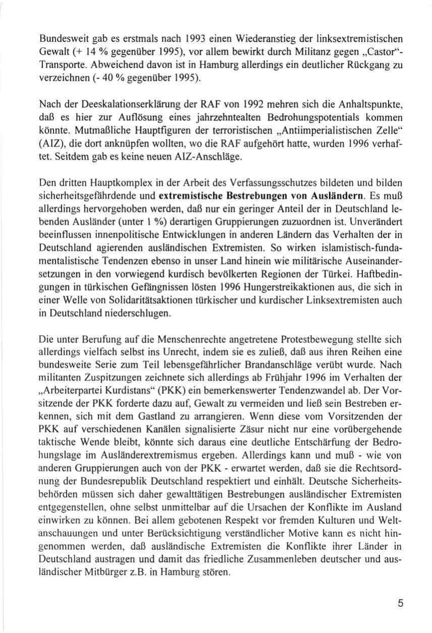 Seite 5 des Verfassungsschutzbericht 1996 Hamburg
