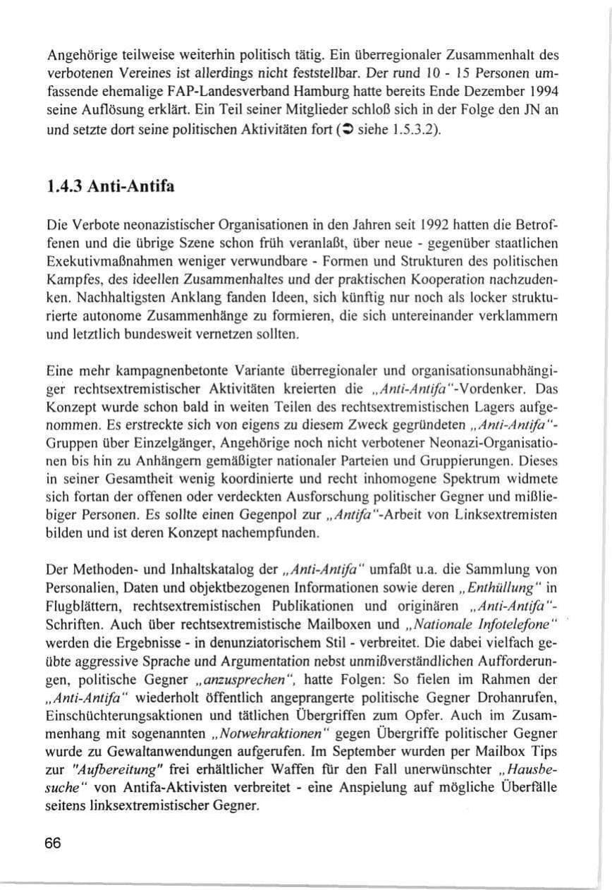 Seite 66 des Verfassungsschutzbericht 1996 Hamburg