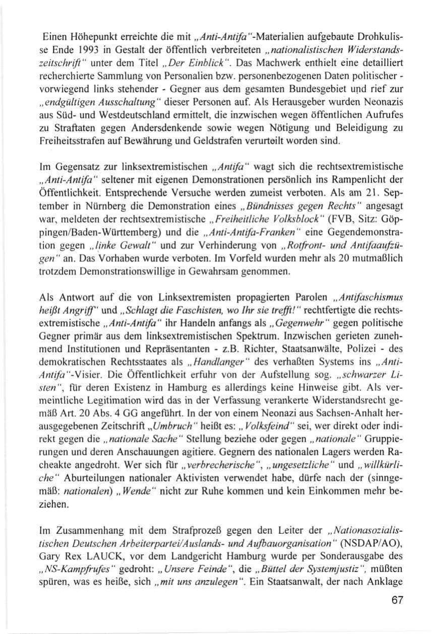 Seite 67 des Verfassungsschutzbericht 1996 Hamburg