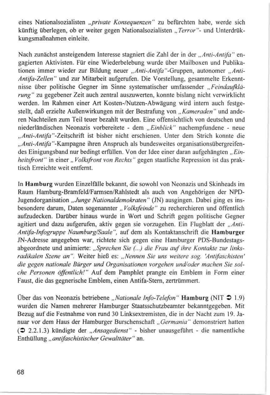 Seite 68 des Verfassungsschutzbericht 1996 Hamburg