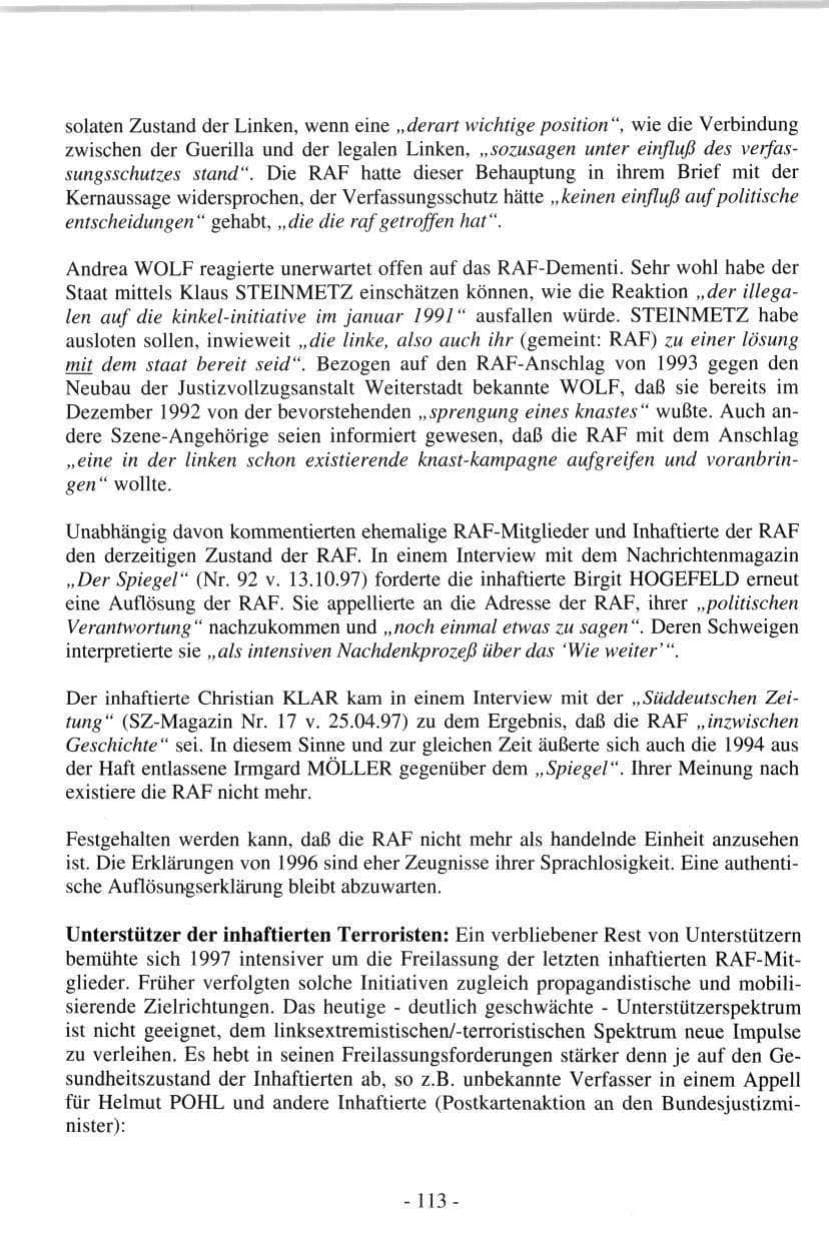 Seite 113 des Verfassungsschutzbericht 1997 Hamburg