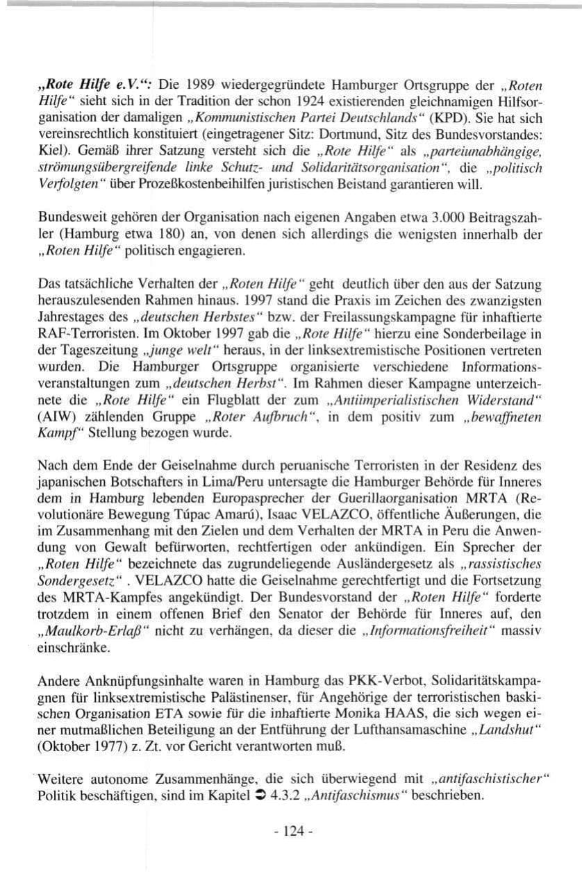 Seite 124 des Verfassungsschutzbericht 1997 Hamburg