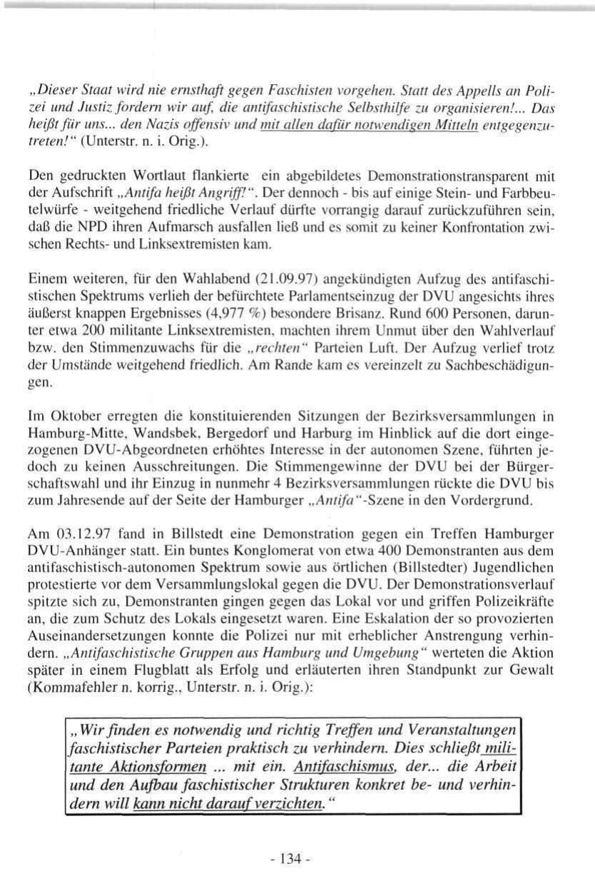 Seite 134 des Verfassungsschutzbericht 1997 Hamburg