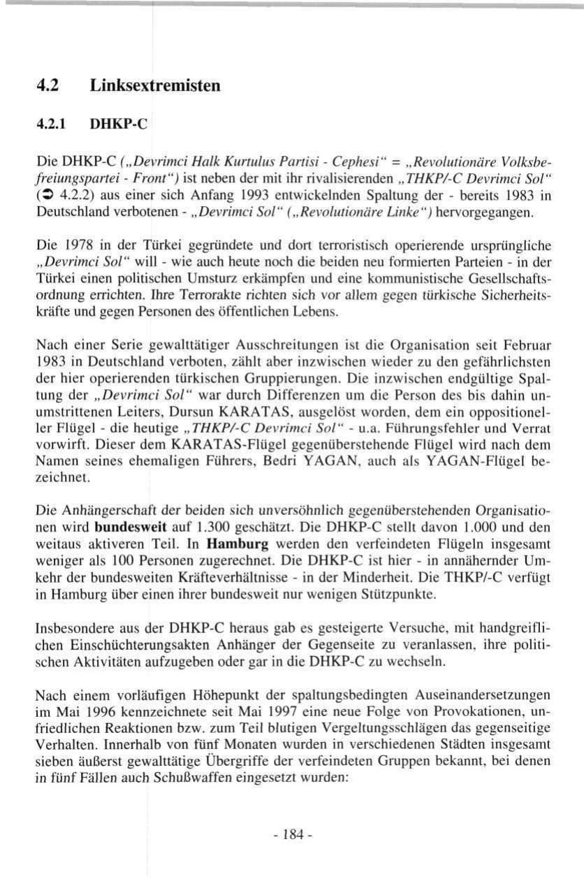 Seite 184 des Verfassungsschutzbericht 1997 Hamburg