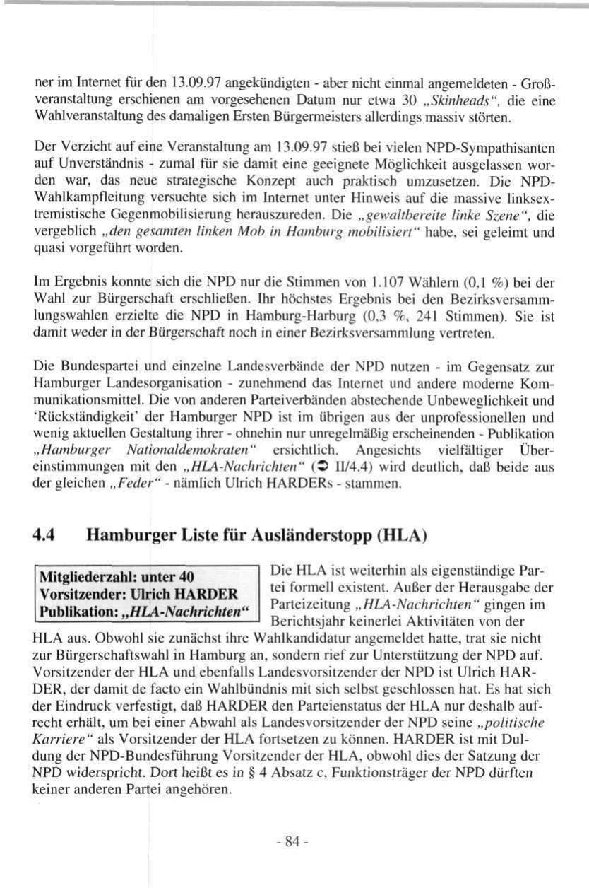 Seite 84 des Verfassungsschutzbericht 1997 Hamburg