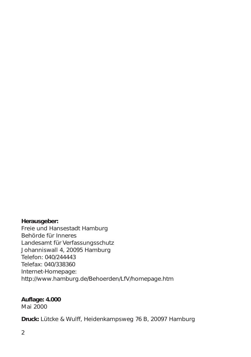 Seite 2 des Verfassungsschutzbericht 1999 Hamburg