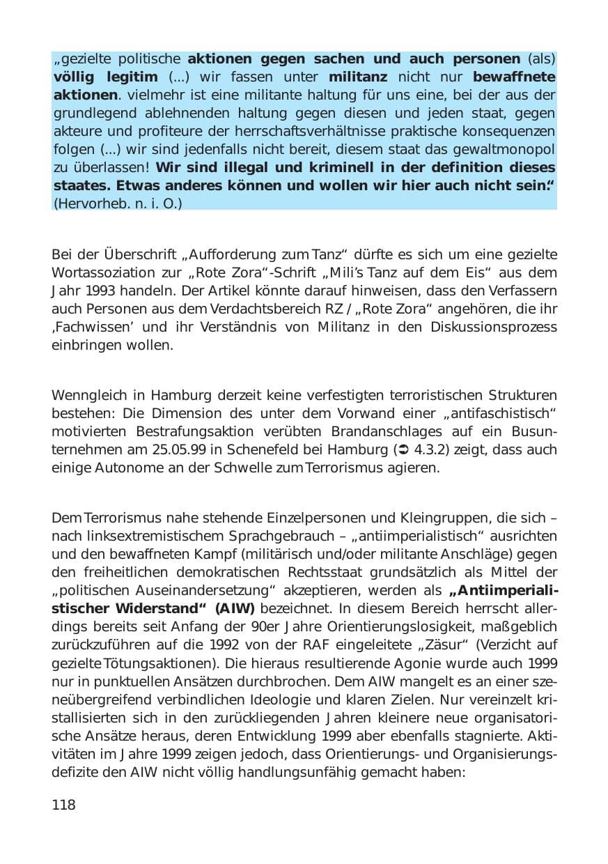 Seite 118 des Verfassungsschutzbericht 1999 Hamburg