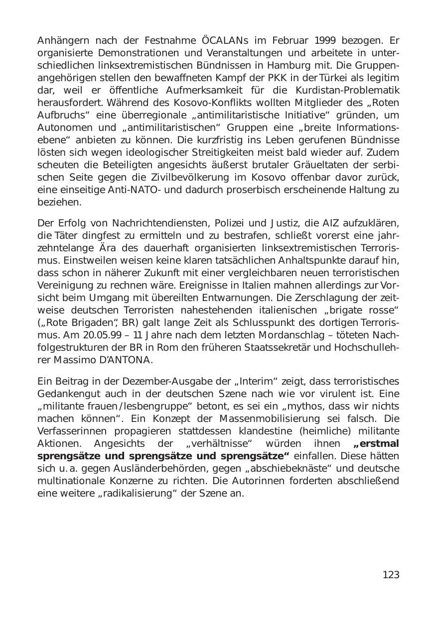 Seite 123 des Verfassungsschutzbericht 1999 Hamburg