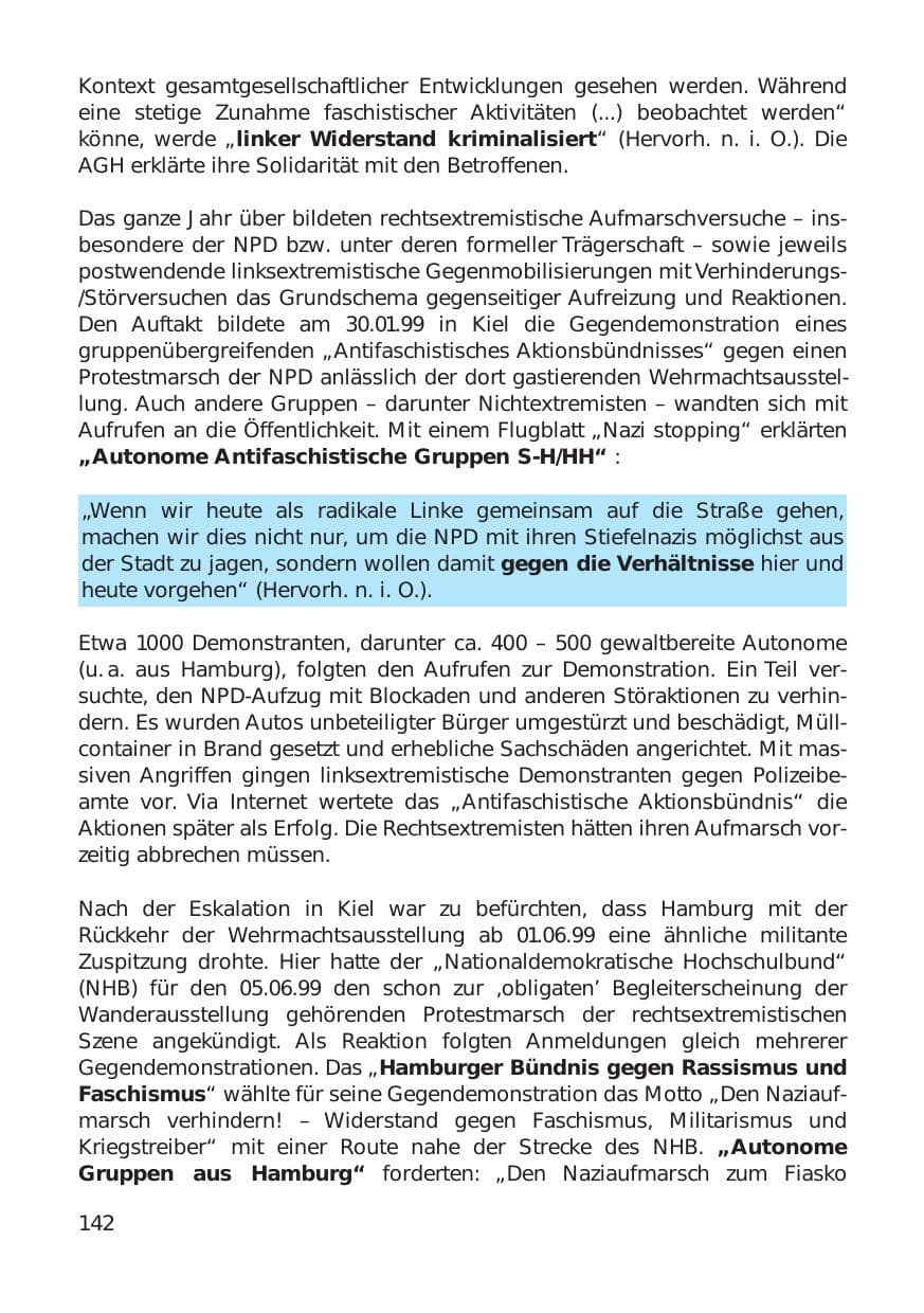 Seite 142 des Verfassungsschutzbericht 1999 Hamburg