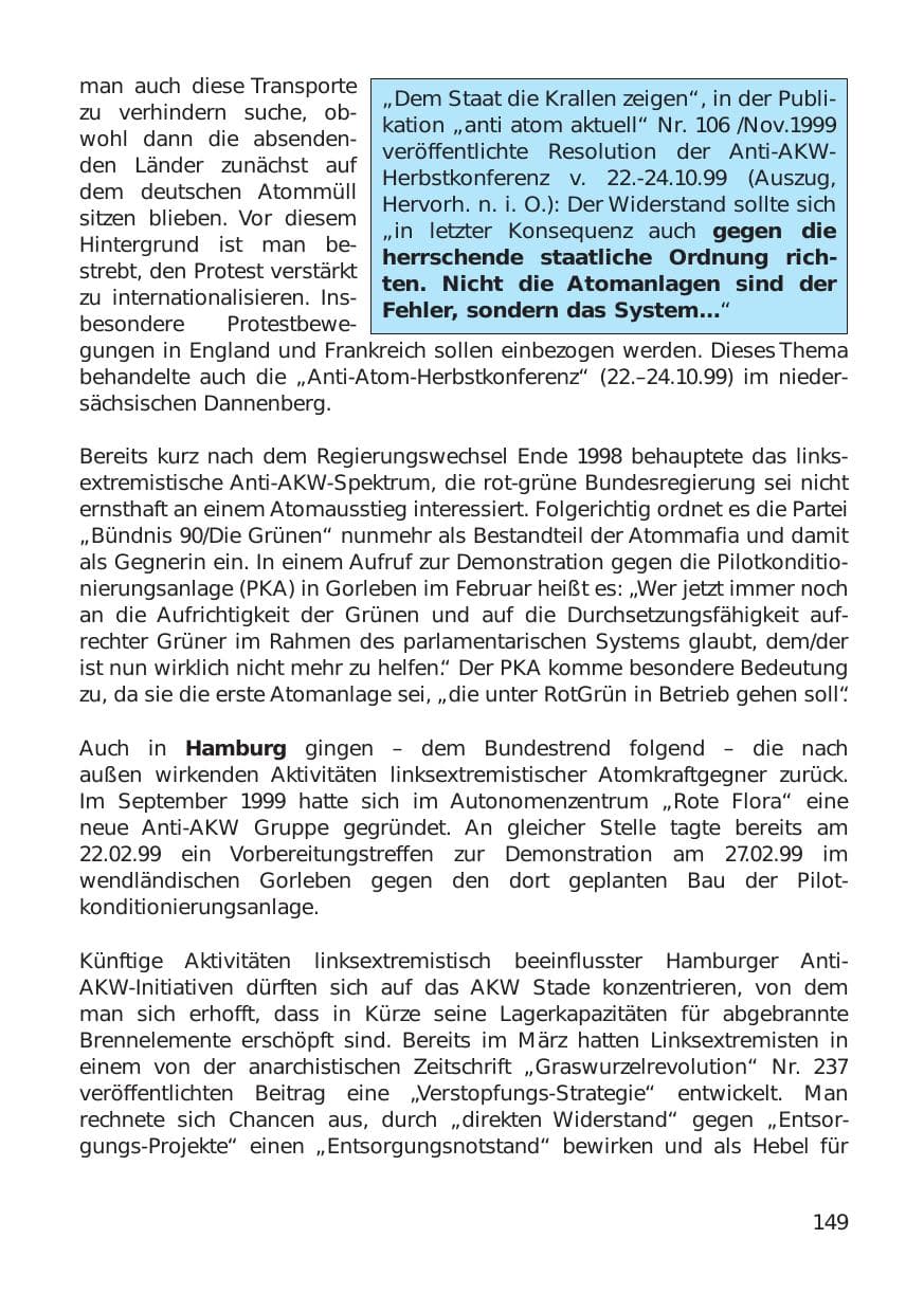 Seite 149 des Verfassungsschutzbericht 1999 Hamburg