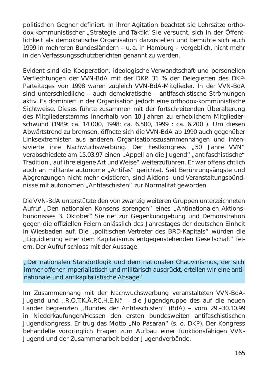 Seite 165 des Verfassungsschutzbericht 1999 Hamburg