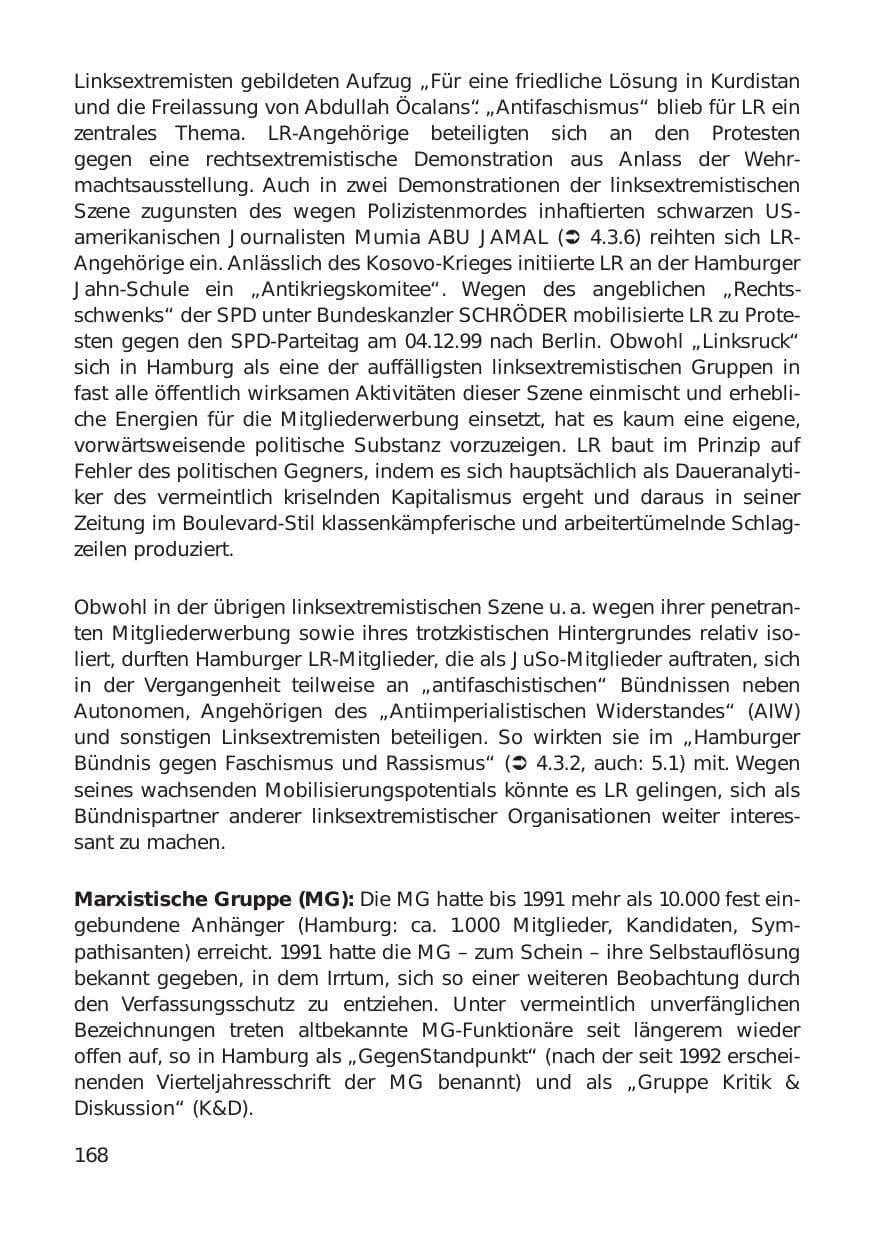 Seite 168 des Verfassungsschutzbericht 1999 Hamburg