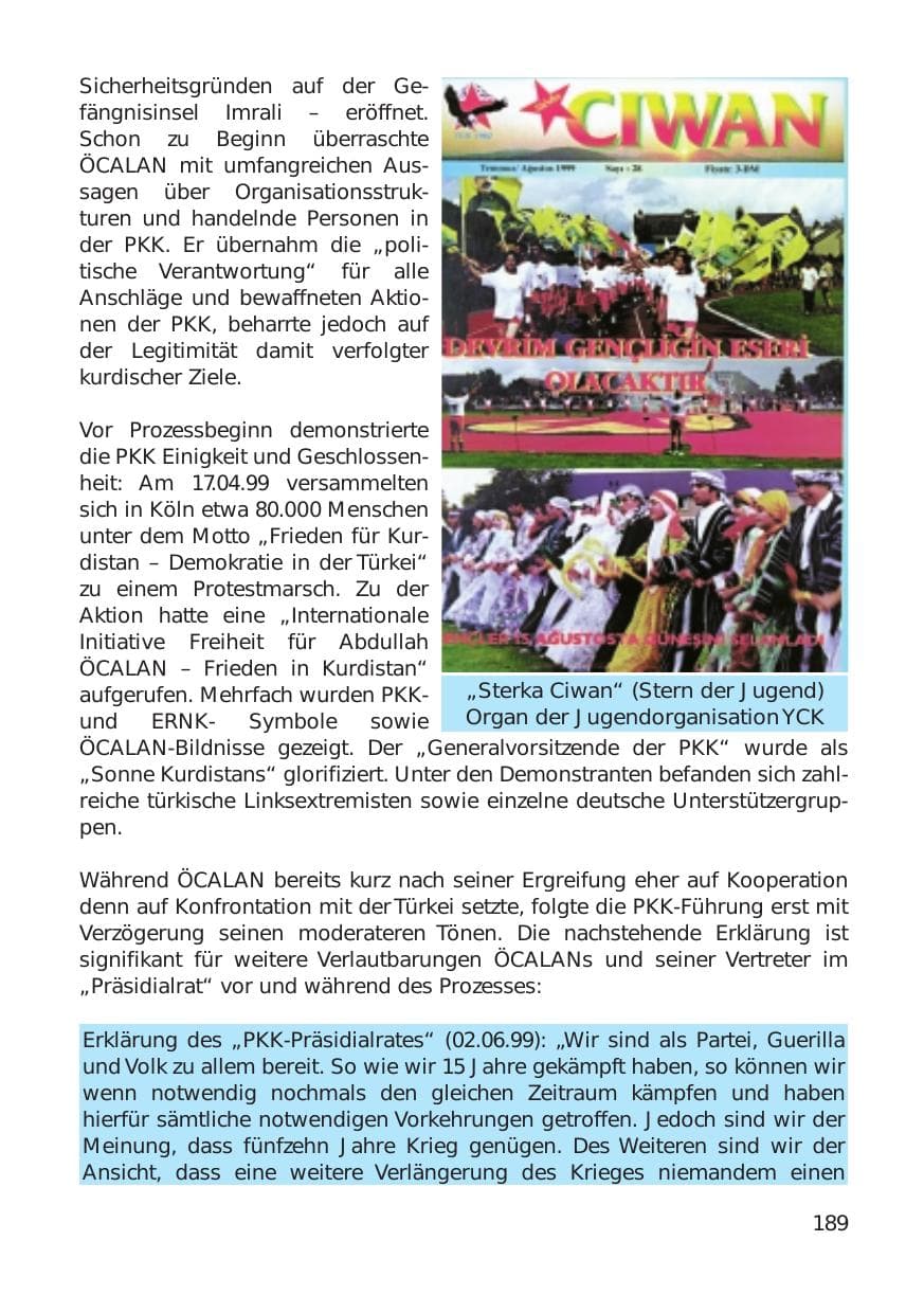 Seite 189 des Verfassungsschutzbericht 1999 Hamburg