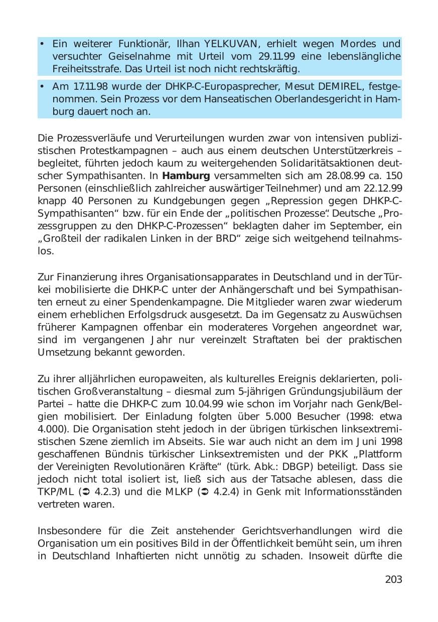 Seite 203 des Verfassungsschutzbericht 1999 Hamburg