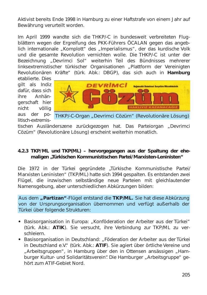 Seite 205 des Verfassungsschutzbericht 1999 Hamburg