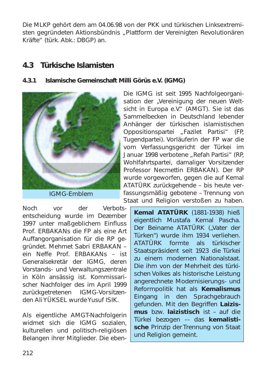 Seite 212 des Verfassungsschutzbericht 1999 Hamburg