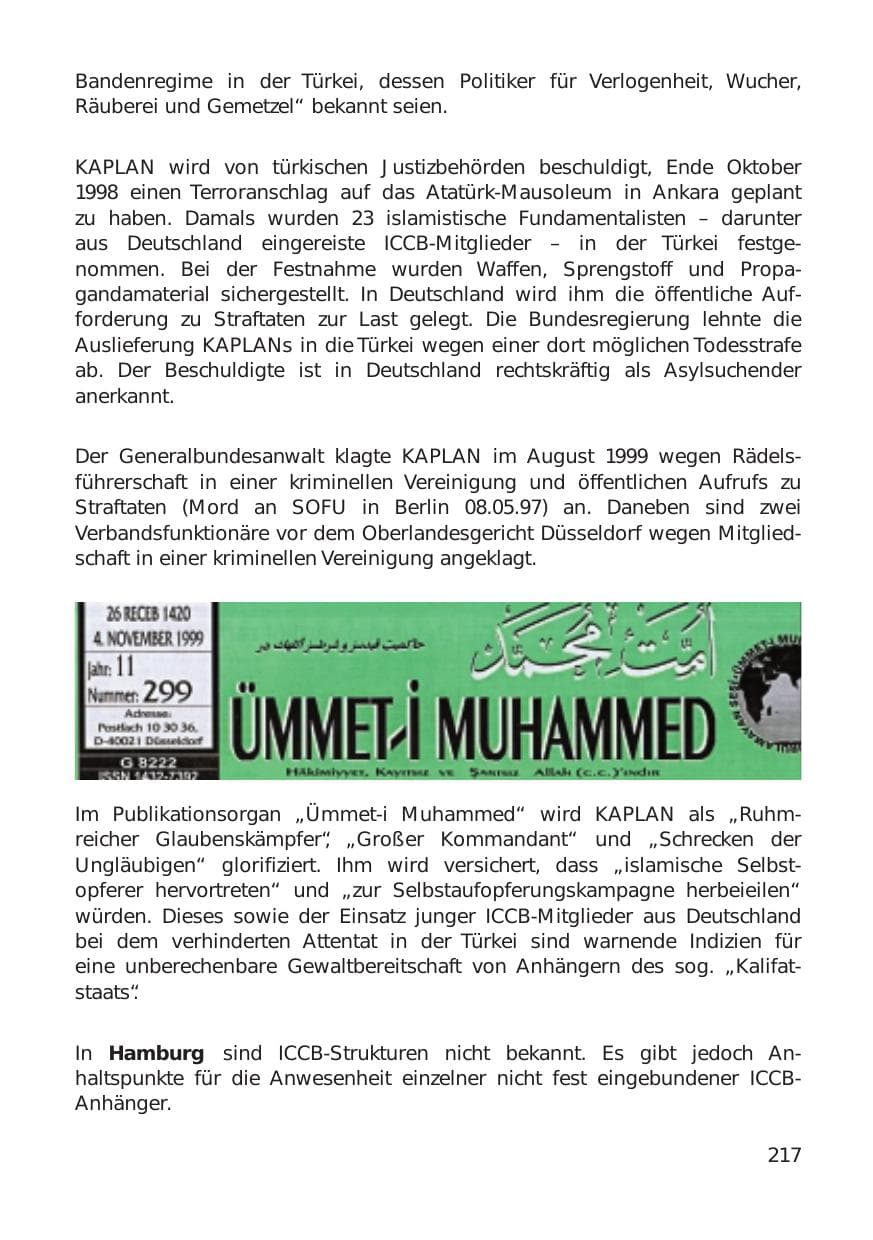 Seite 217 des Verfassungsschutzbericht 1999 Hamburg