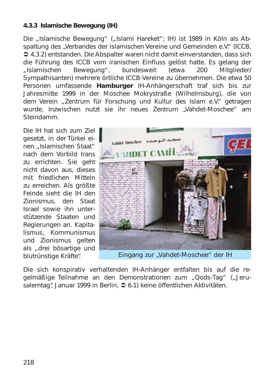 Seite 218 des Verfassungsschutzbericht 1999 Hamburg